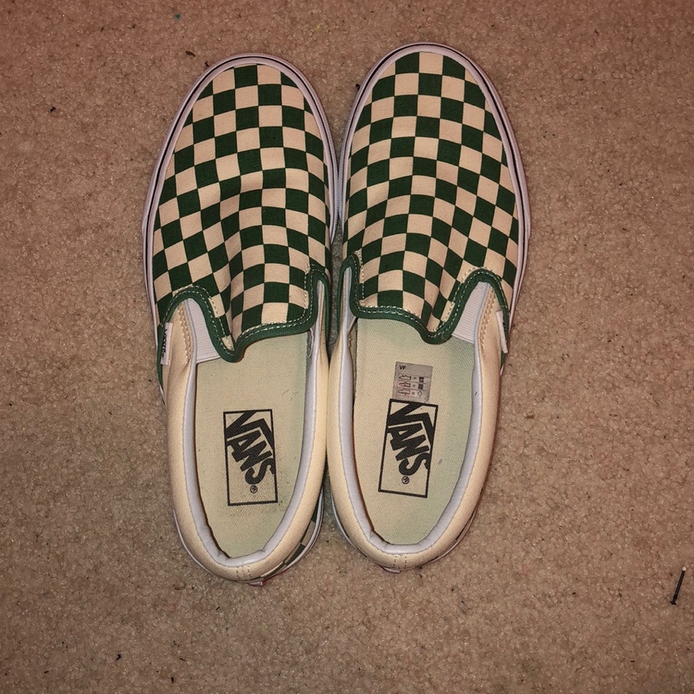 Green checkered slip on vans